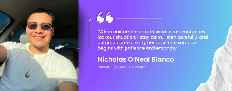 Nicholas O'Neal Blanco quote about reassuring customers through patience and empathy