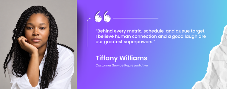 Tiffany Williams speaking about metrics, schedules and queue targets and the importance of human connection and laughter